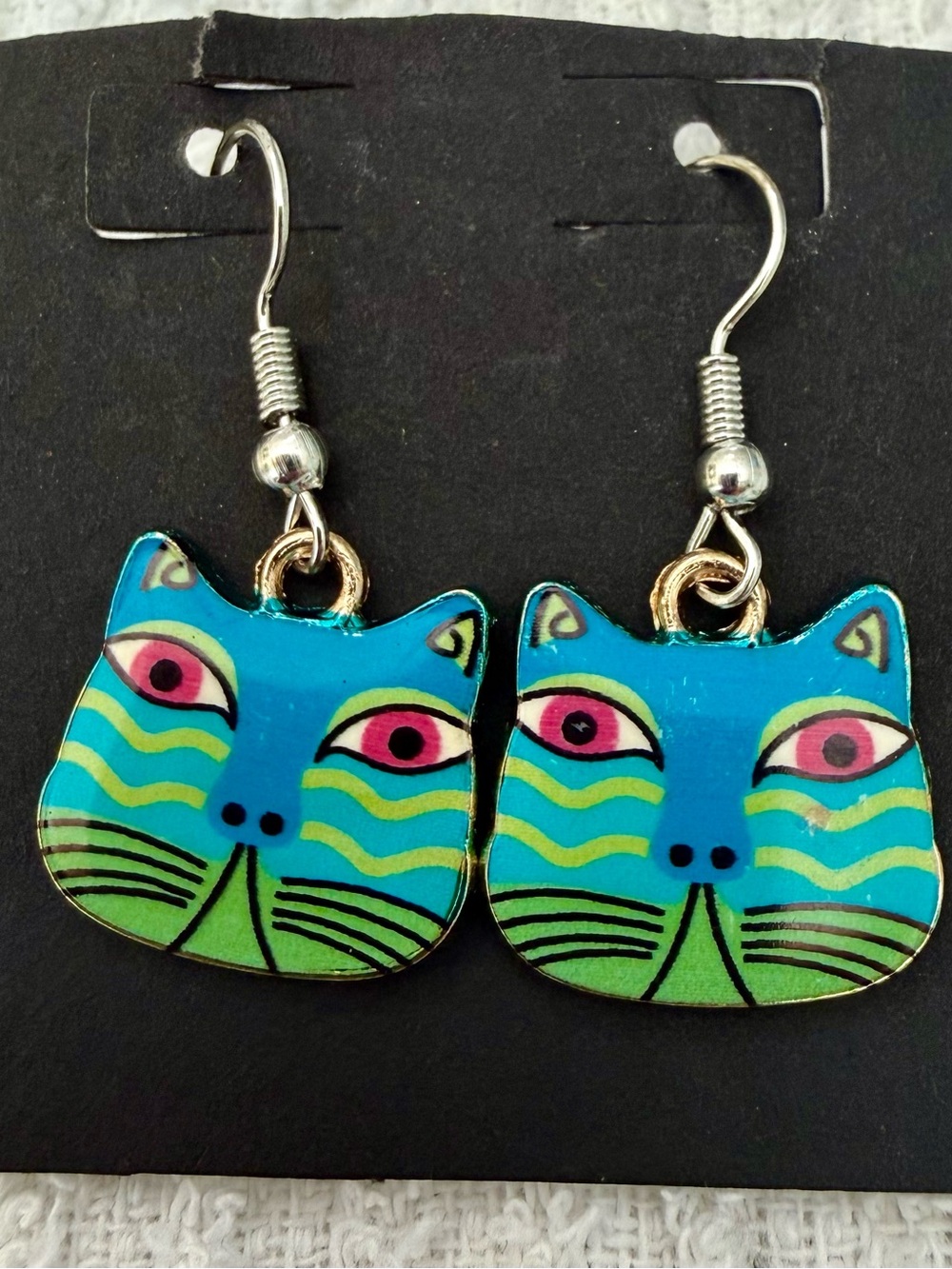 Hand-Painted Blue & Green Cat Face Dangle Earrings - Cute Cat Accessories